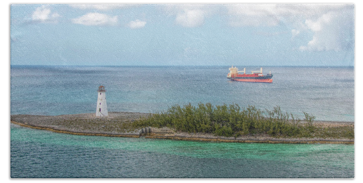 Lighthouse Bath Sheet featuring the photograph The Lighthouse and the Freighter by Kristia Adams
