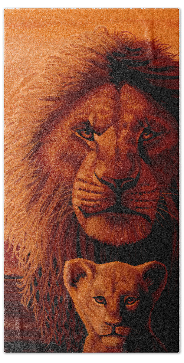 The Lion King Hand Towel featuring the painting The Lion King Painting by Paul Meijering