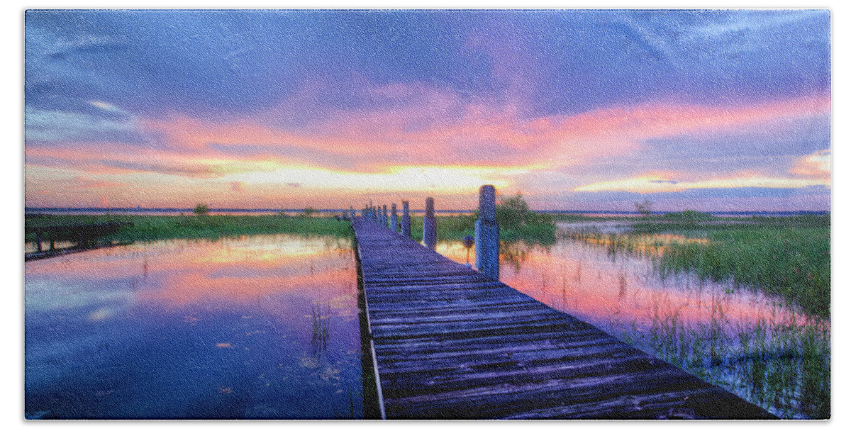 Clouds Bath Towel featuring the photograph The Long Dock by Debra and Dave Vanderlaan