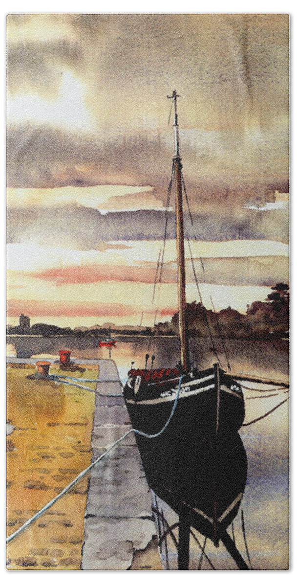 Galway Hookers Bath Towel featuring the painting The MacDuach, Kinvara, Galway by Val Byrne