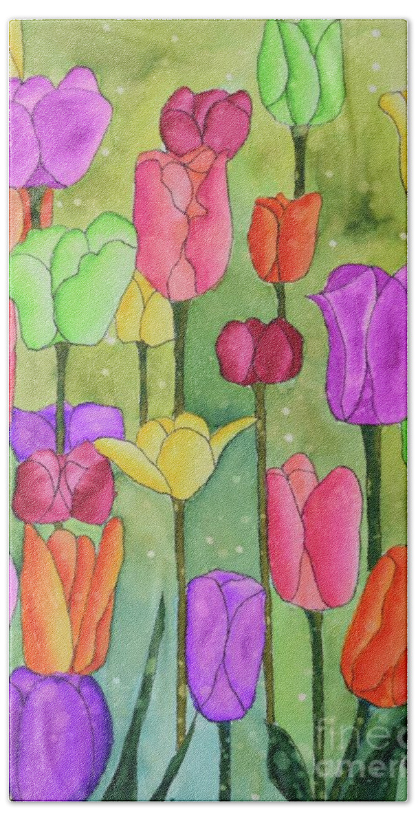 Barrieloustark Hand Towel featuring the painting #628 The Many Colors Of Tulips #628 by Barrie Stark