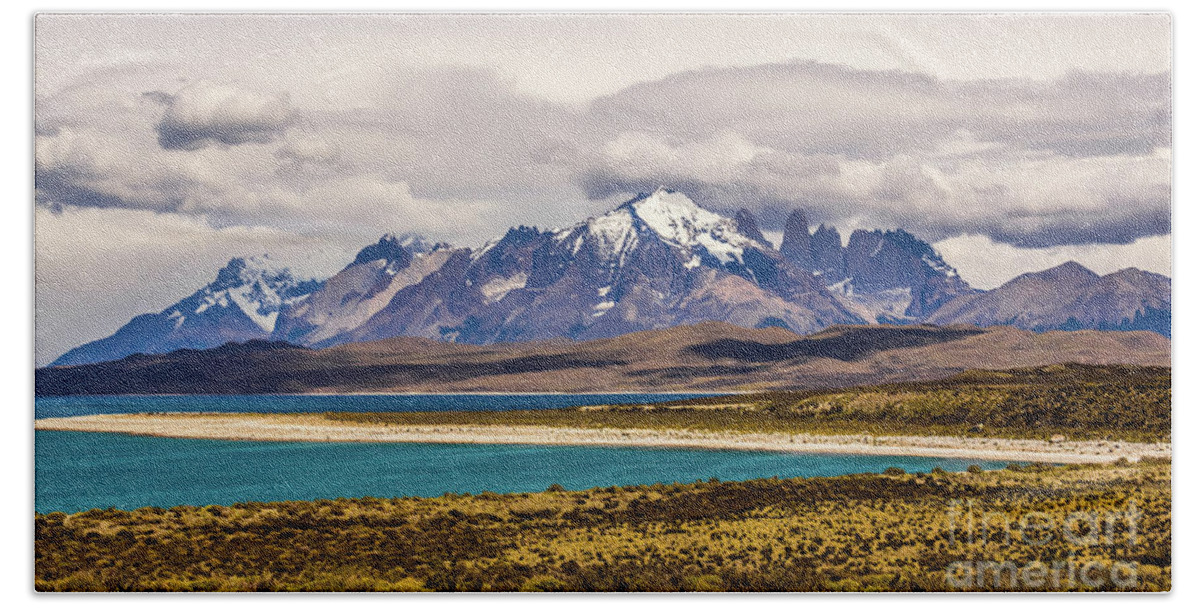 Mountain Hand Towel featuring the photograph The mountains of Torres del Paine National Park, Chile by Lyl Dil Creations
