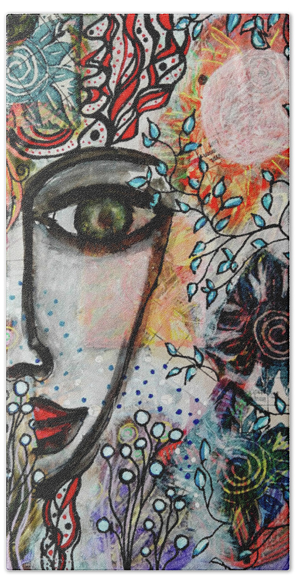 Symbolism Bath Towel featuring the mixed media The Observer by Mimulux Patricia No