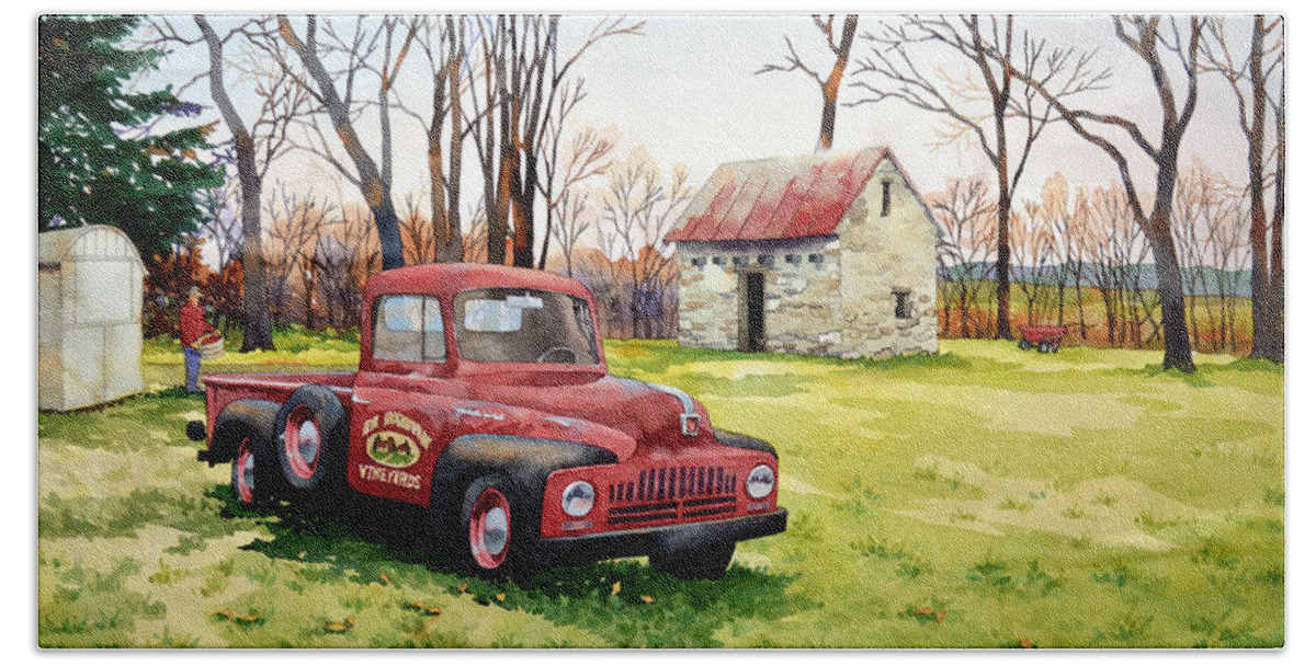 #watercolor #landscape #harvester #oldtruck #farm #winery #americana #rural Hand Towel featuring the painting The Old Harvester by Mick Williams