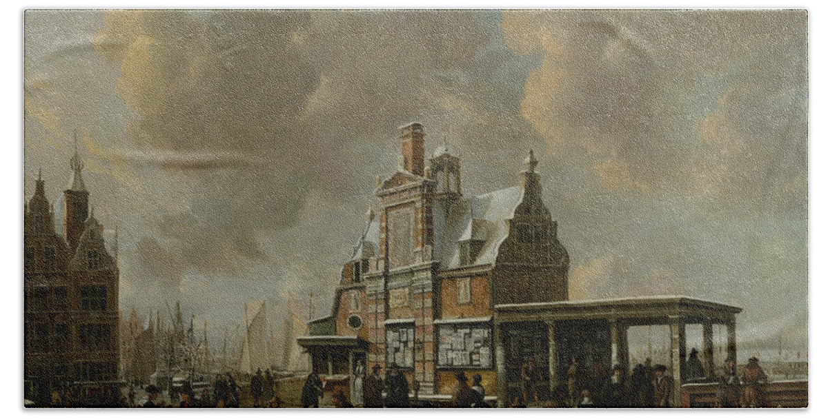 17th Century Art Hand Towel featuring the painting The Paalhuis and the Nieuwe Brug in Amsterdam during Wintertime by Jan Abrahamsz Beerstraaten