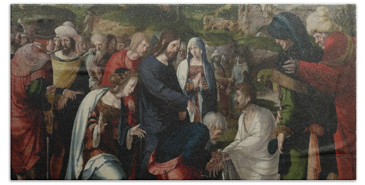 Bible Hand Towel featuring the painting The Raising Of Lazarus, Centre Panel Of The Triptych, C.1530 by Aertgen Claesz Van Leyden