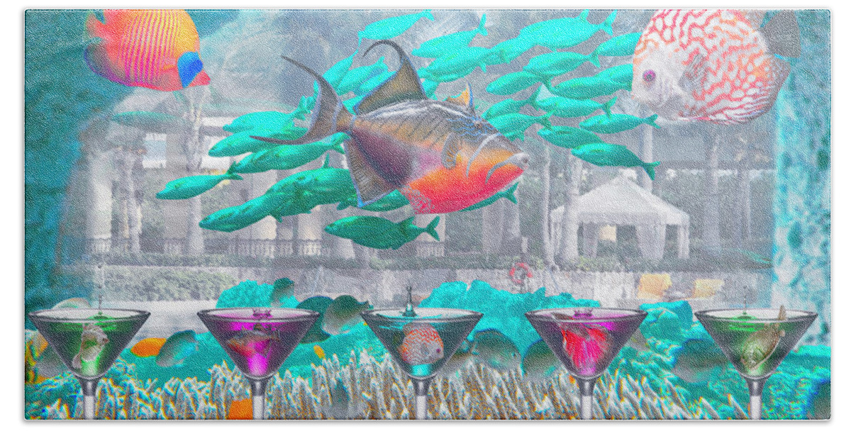 Fishing Bath Towel featuring the digital art The Reef Martini Bar in Soft Underwater Tones by Debra and Dave Vanderlaan