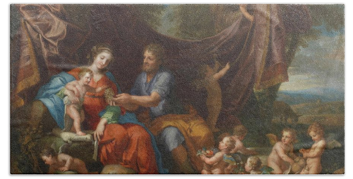 Jacques Stella Bath Towel featuring the painting 'The Rest on the Flight into Egypt'. 1652. Oil on canvas. CHILD JESUS. VIRGIN MARY. by Jacques Stella -1596-1657-
