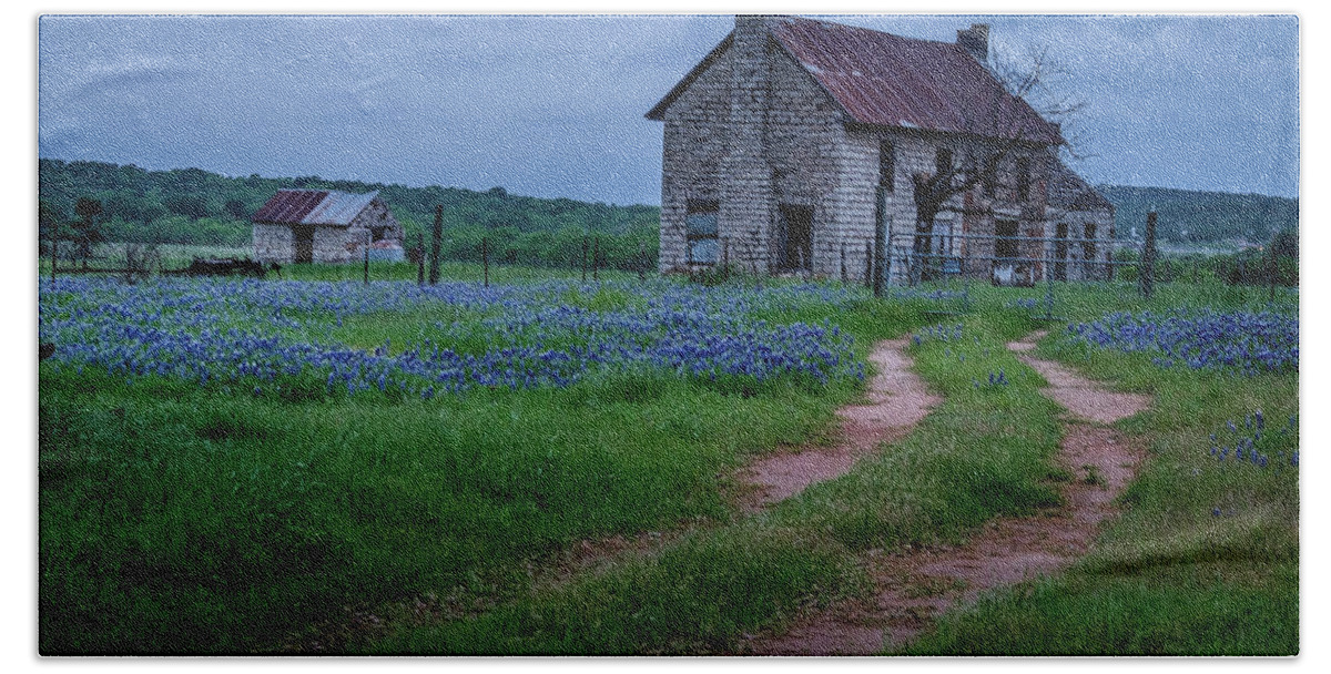 A Dirt Road Leads To A Charming 1800 Era Stone House In The Texas Hill Country As An Evening Storm Rolls In. Bath Towel featuring the photograph The Road Home by Johnny Boyd