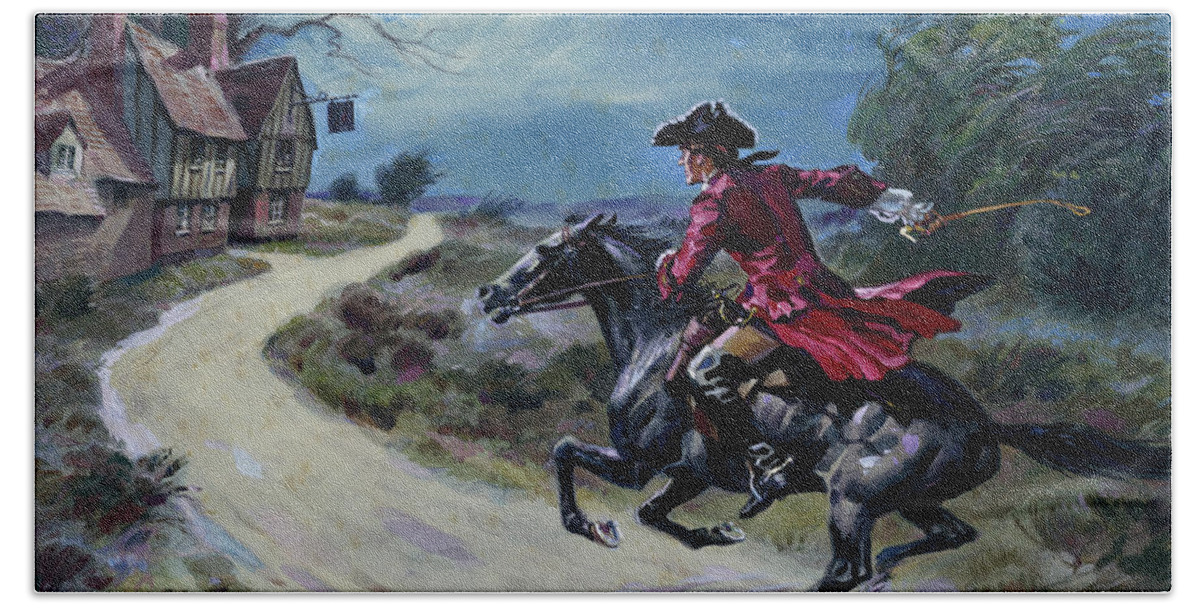 Turpin Bath Towel featuring the painting The road was a ribbon of moonlight of the purple moor, The highwayman came riding by Derek Charles Eyles