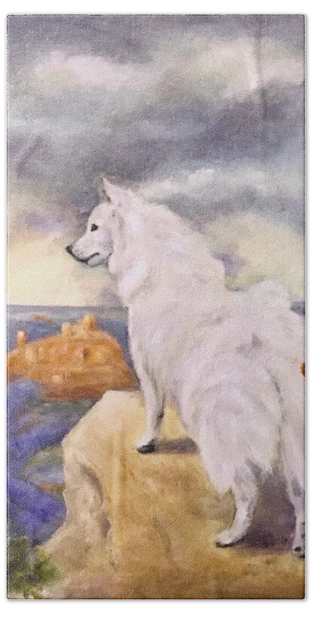 American Eskimo Dog Bath Towel featuring the painting The Scout by Dr Pat Gehr