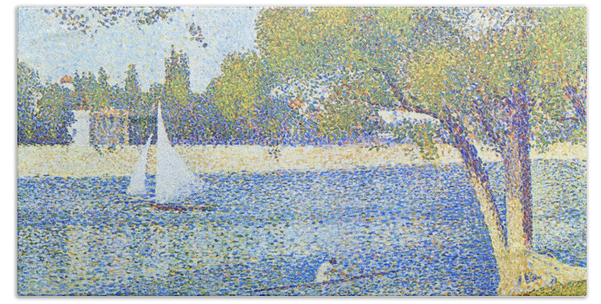 Pointillism Bath Towel featuring the painting The Seine by the Island of Jatte in Spring by George Seurat