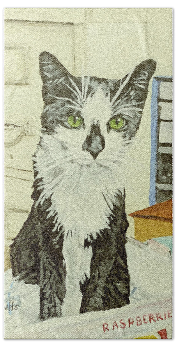 Cat Hand Towel featuring the painting The Shop Cat by Wendy Shoults