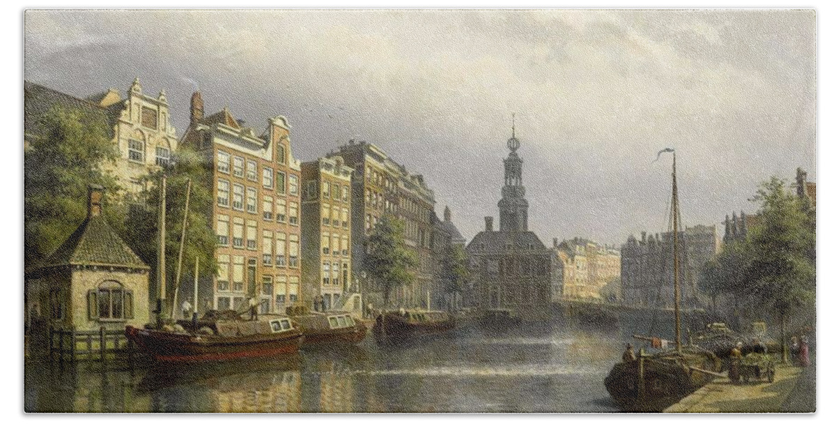 Canvas Bath Towel featuring the painting The Singel, Amsterdam, looking towards the Mint. by Eduard Alexander Hilverdink -1846-1891-