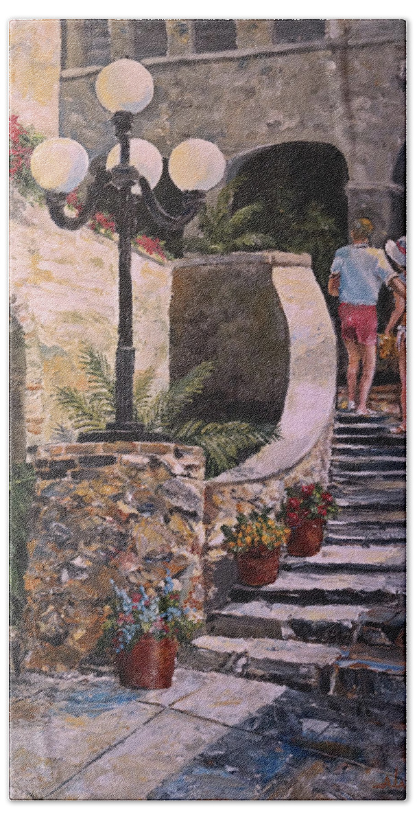 Puerto Rico Bath Towel featuring the painting The Steps by Alan Lakin