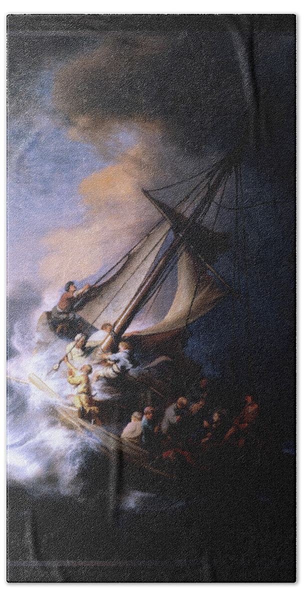 The Storm On The Sea Of Galilee Hand Towel featuring the digital art The Storm on the Sea of Galilee by Rembrandt van Rijn by Rolando Burbon