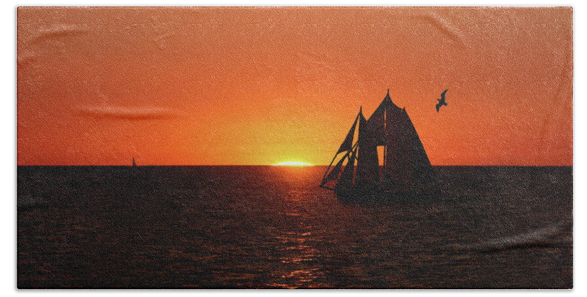 Sunset Bath Towel featuring the photograph The Sunset with a Yacht by Aleksander Rotner