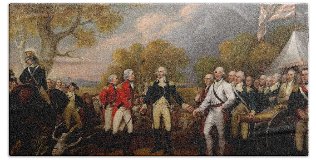 American Revolution Hand Towel featuring the painting The Surrender Of General Burgoyne At Saratoga, October 16 by John Trumbull