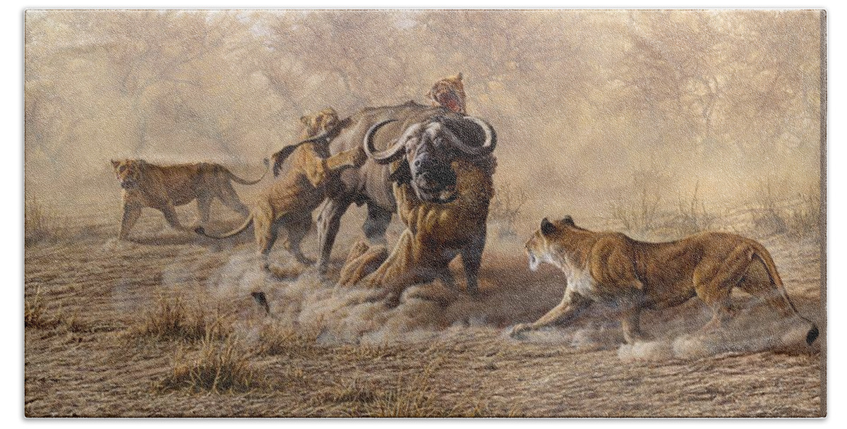 Paintings Bath Towel featuring the painting The Take Down - Lions Attacking Cape Buffalo by Alan M Hunt
