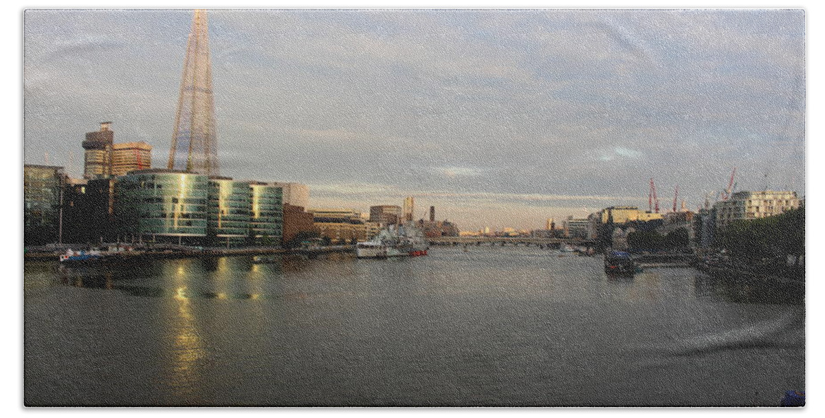 River Bath Towel featuring the photograph The Thames and Shard at Night by Laura Smith