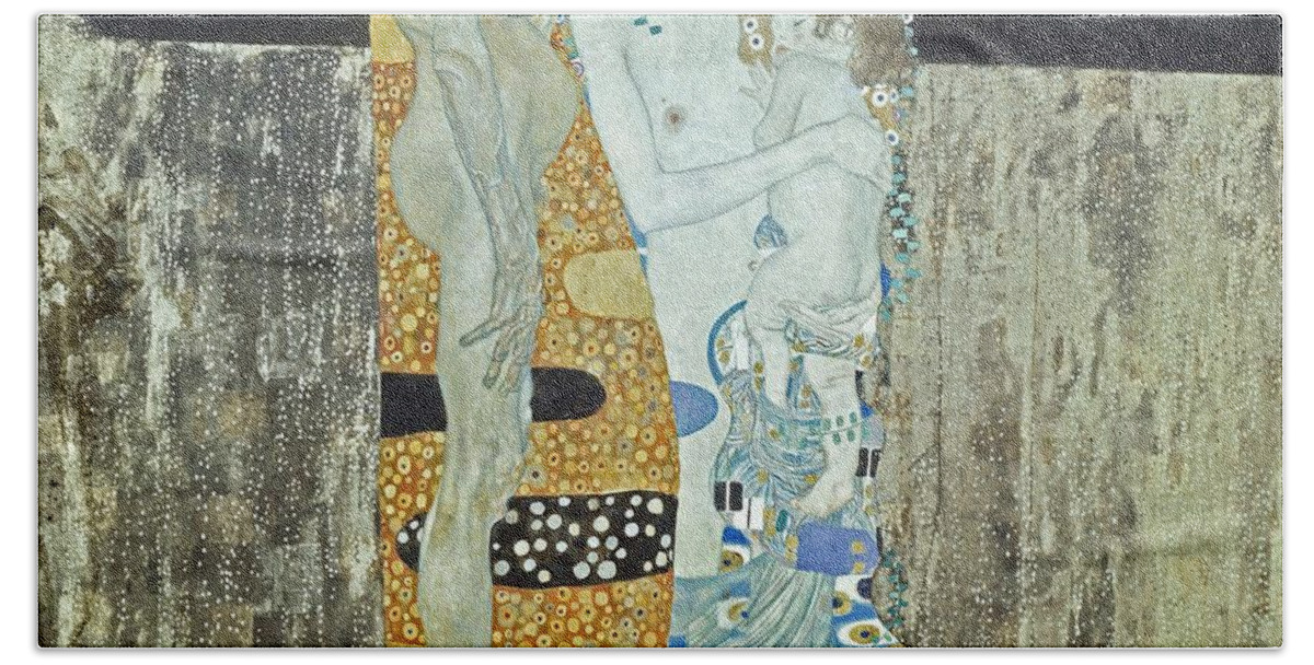 Gustav Klimt Bath Towel featuring the painting 'The Three Ages of Woman', 1905, Oil on canvas, 180 x 180. by Gustav Klimt -1862-1918-