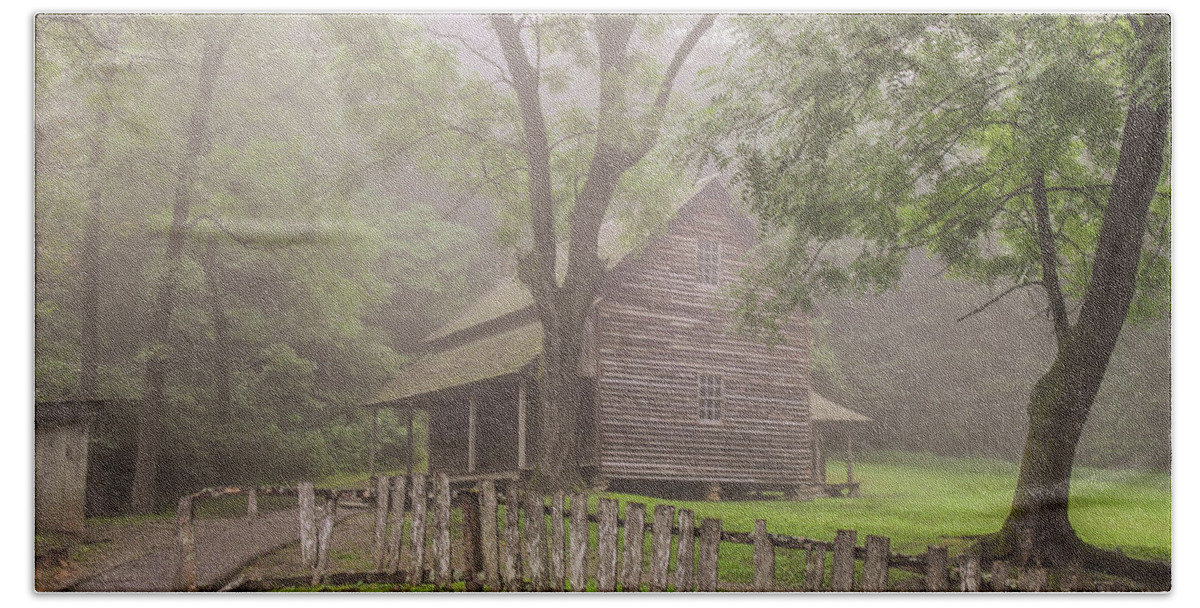 Cades Cove Hand Towel featuring the photograph The Tipton Place on a Foggy Morning by Marcy Wielfaert