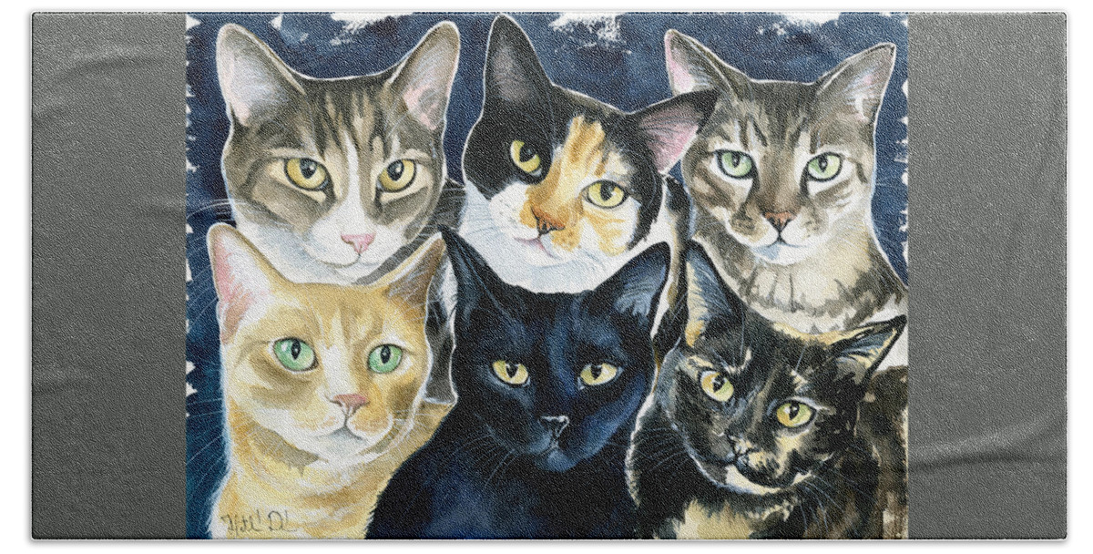 Pet Portrait Bath Towel featuring the painting The Tuna Can Gang by Dora Hathazi Mendes