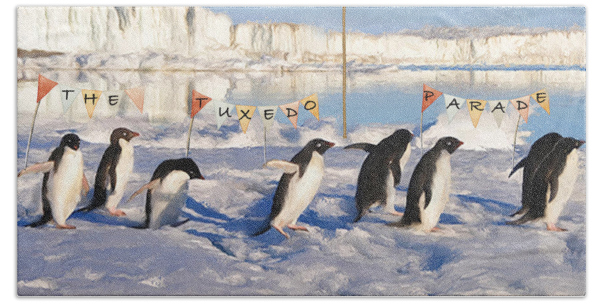 Penguins Bath Towel featuring the mixed media The Tuxedo Parade by Colleen Taylor