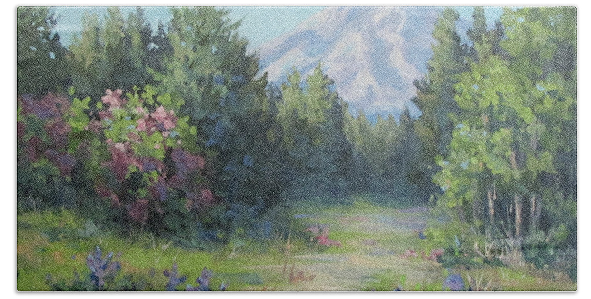 Mt Hood Bath Towel featuring the painting The View by Karen Ilari