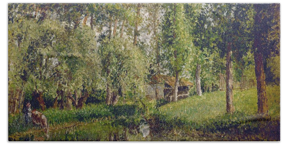 Camille Pissarro Hand Towel featuring the painting The Wash-house at Bazincourt - 1900 - 65,5x81 cm - oil on canvas. by Camille Pissarro -1830-1903-