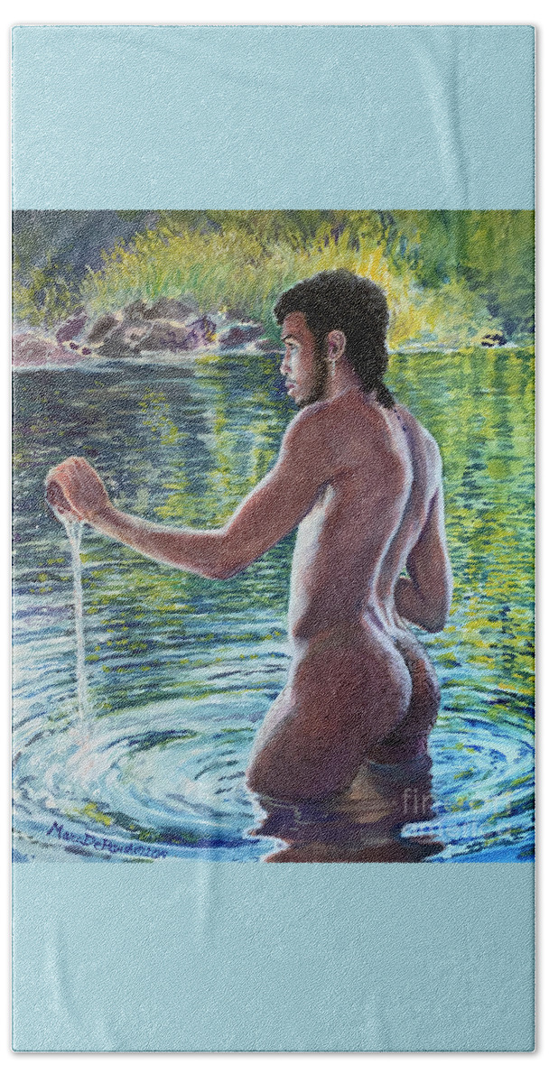 Male Nude Bath Towel featuring the painting The Water Ritual by Marc DeBauch