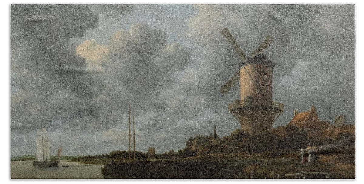 Canvas Bath Towel featuring the painting The Windmill at Wijk bij Duurstede. by Jacob Isaacksz van Ruisdael -1628-1682-