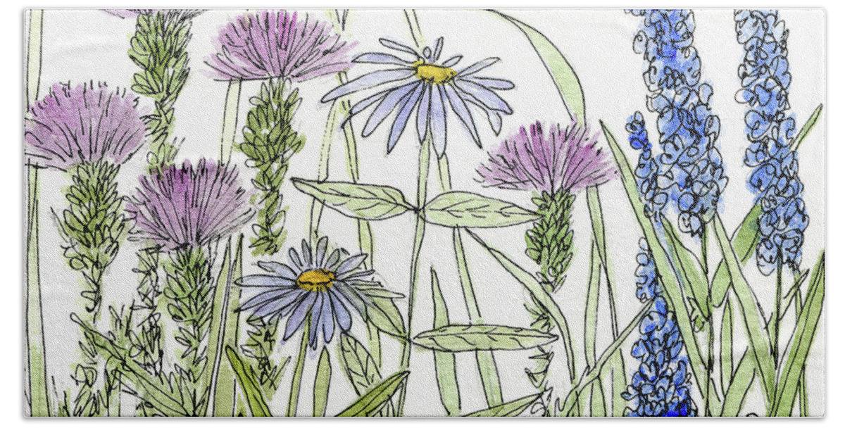 Watercolor Bath Towel featuring the painting Thistle Asters Blue Flower Watercolor Wildflower by Laurie Rohner