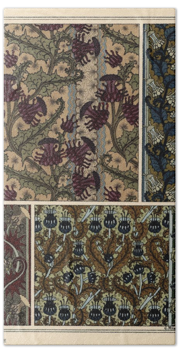 1897 Bath Towel featuring the drawing Thistle in art nouveau patterns for wallpaper and fabrics. Lithograph by M. P. Verneuil. by Album