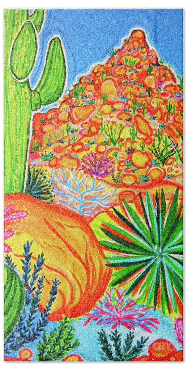 Rachel Houseman Bath Towel featuring the painting Thompson Peak Cactus by Rachel Houseman