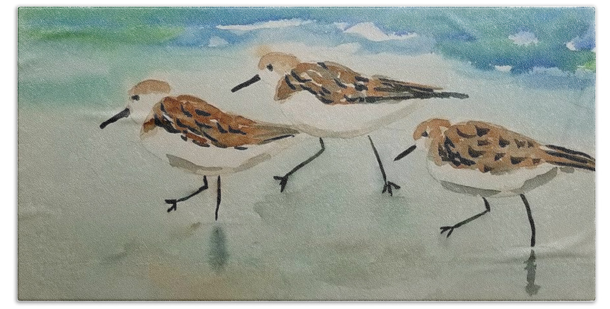 Plovers Bath Towel featuring the painting Three birds at the beach by Ann Frederick
