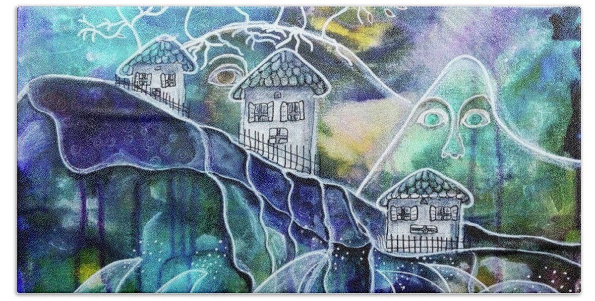 House Bath Towel featuring the mixed media Three Houses on a Cliff by Mimulux Patricia No