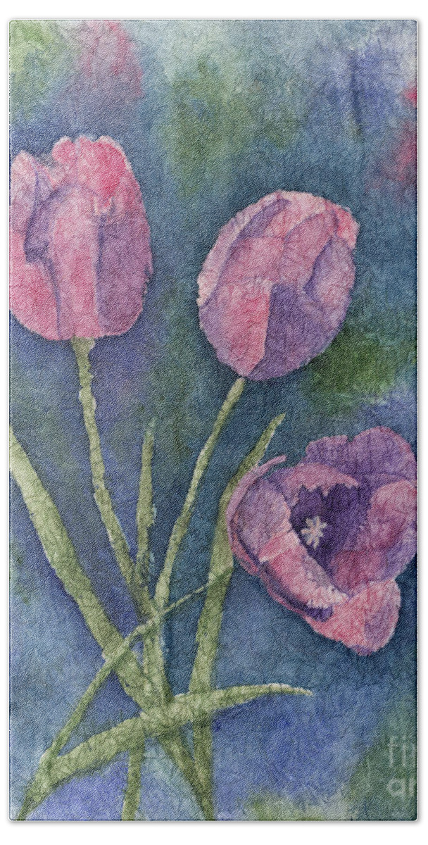 Tulips Bath Towel featuring the painting Three Pink Tulips 2 by Conni Schaftenaar