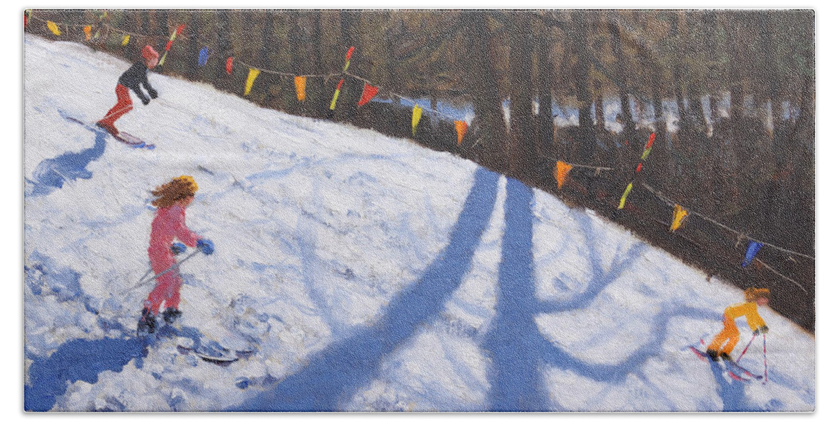 Race Bath Towel featuring the painting Three Valleys skiing 2018 by Andrew Macara