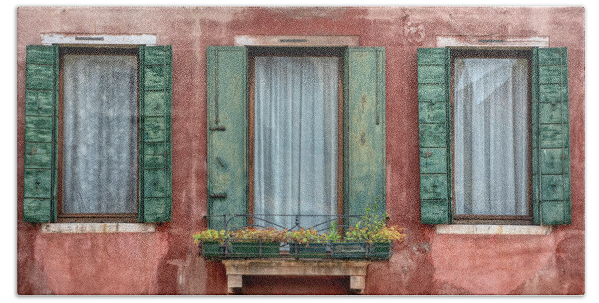 Venice Hand Towel featuring the photograph Three Windows with Green Shutters of Venice by David Letts
