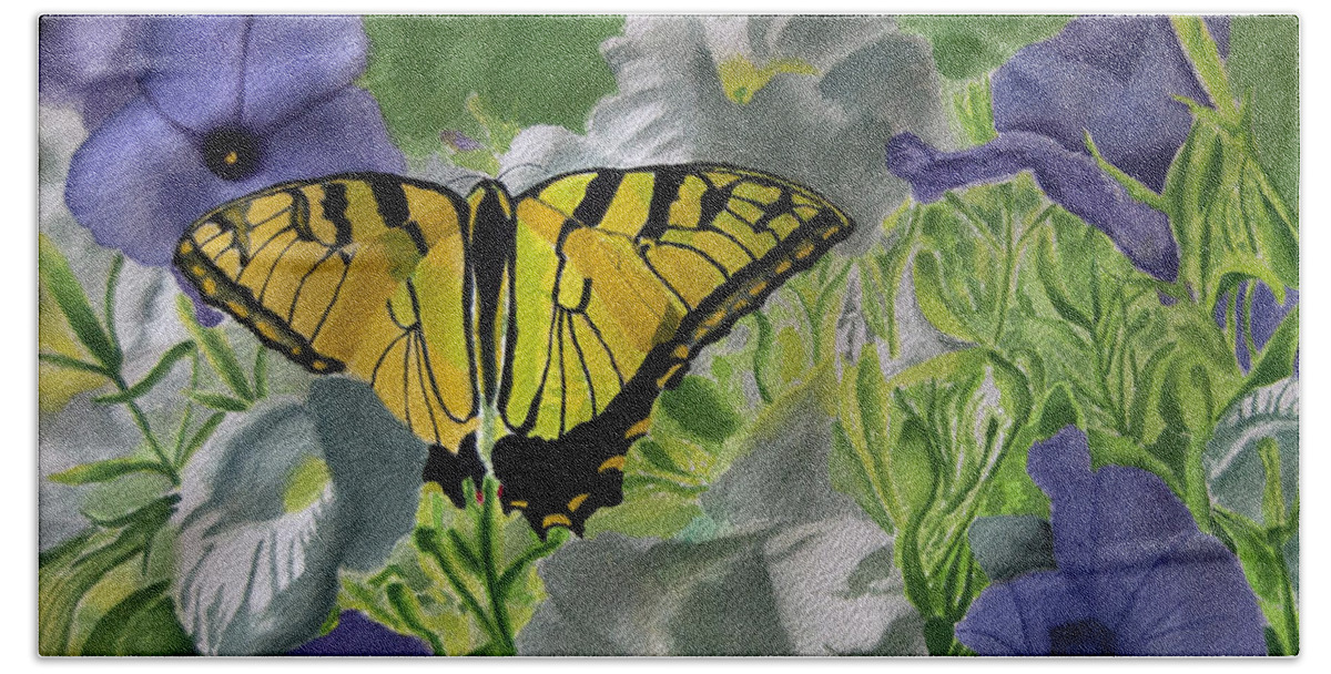 Tiger Swallowtail Bath Towel featuring the painting Tiger and Morning Glory by Wade Clark
