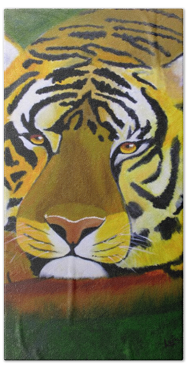 Tiger Hand Towel featuring the painting Tiger by Jim Lesher