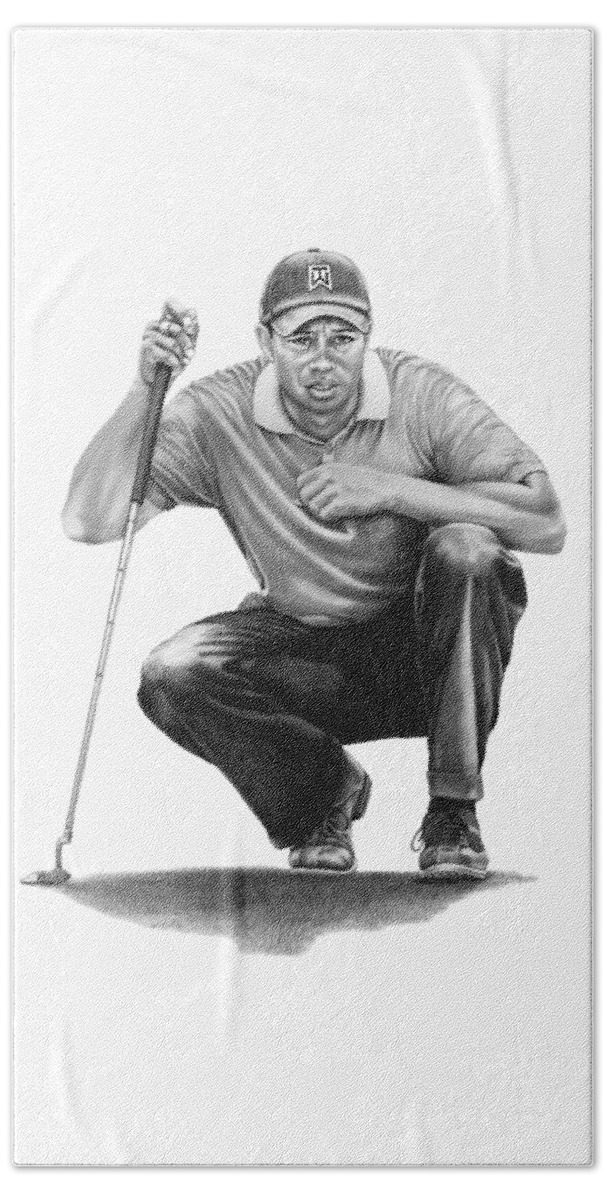 Pencil Hand Towel featuring the drawing Tiger Woods Crouching Tiger by Murphy Elliott