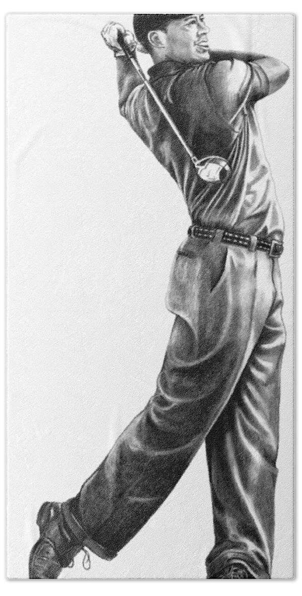 Tiger Woods Bath Towel featuring the drawing Tiger Woods Full Swing by Murphy Elliott