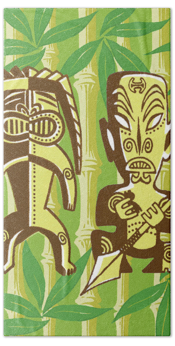 Bamboo Hand Towel featuring the drawing Tiki Figures in Foilage by CSA Images