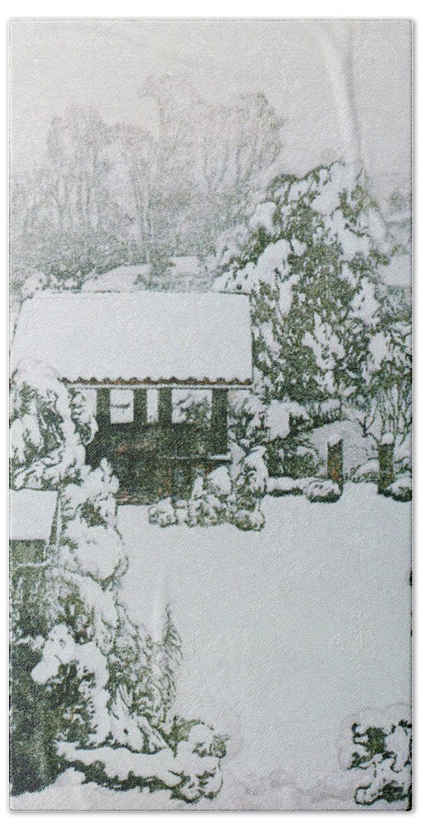 Yoshida Hand Towel featuring the painting Tokyo 12title, Snow in Nakazato - Digital Remastered Edition by Yoshida Hiroshi