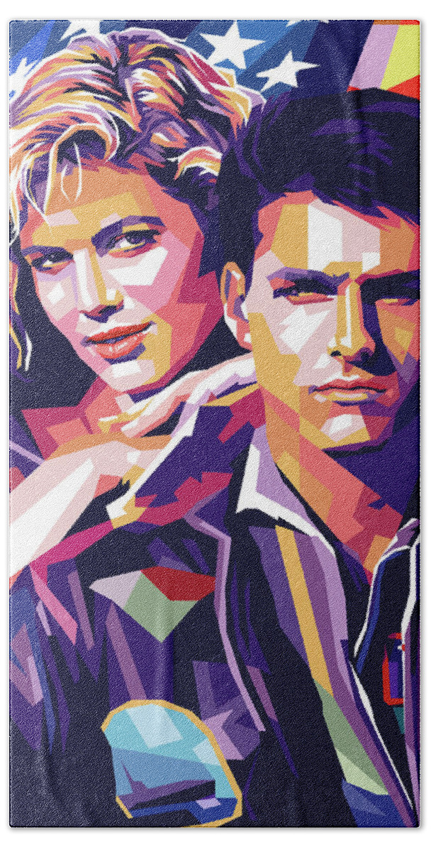 Synopsis Bath Towel featuring the digital art Tom Cruise and Kelly McGillis - synopsis by Movie World Posters