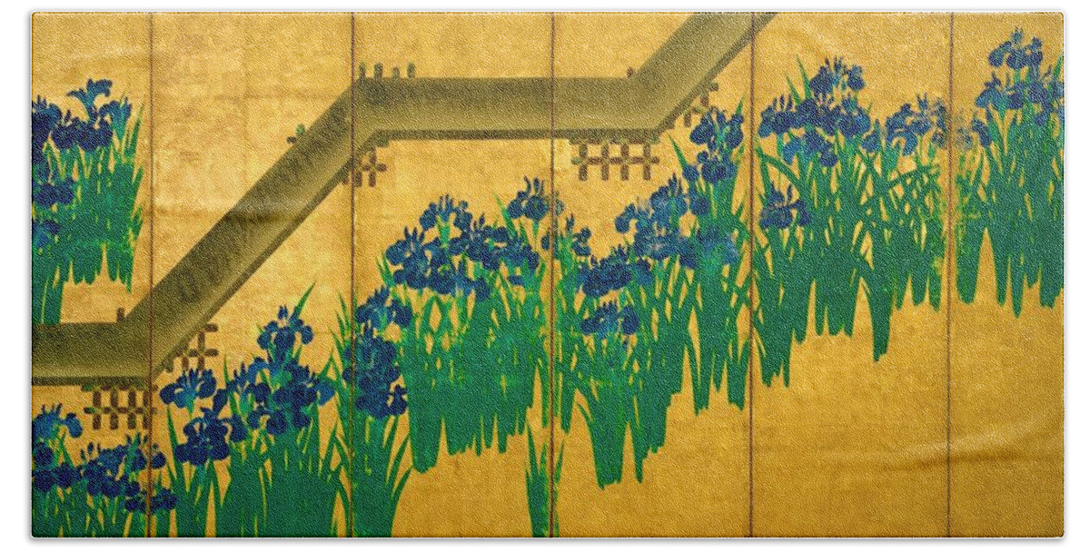 Ogata Korin Hand Towel featuring the digital art Top Quality Art - Irises at Yatsuhashi-Eight Bridges #2 by Ogata Korin