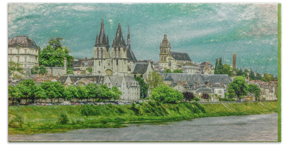 View From The Bridge Bath Towel featuring the photograph Tours Skyline, Vintage Painterly Version by Marcy Wielfaert