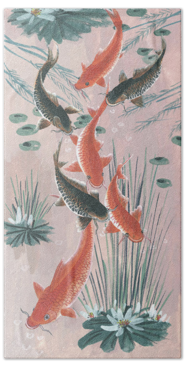 Asian & World Culture+animals Bath Sheet featuring the painting Traditional Koi Pond I by Melissa Wang